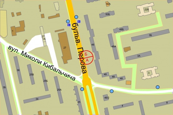 Схема рекламной плоскости по адресу Перова бульвар, 48 ( 80 метрів до перехрестя з вул. Кибальчича Миколи, рух від Троещини, ліворуч)