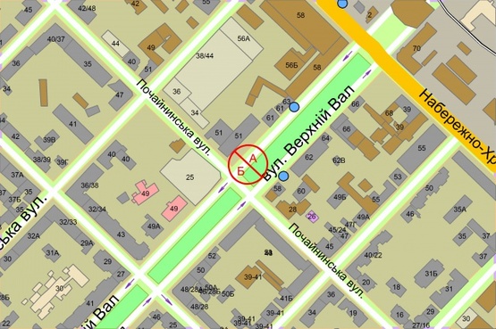 Схема рекламной плоскости по адресу Нижній Вал, 51 / Почайнинська, (бульварна частина)