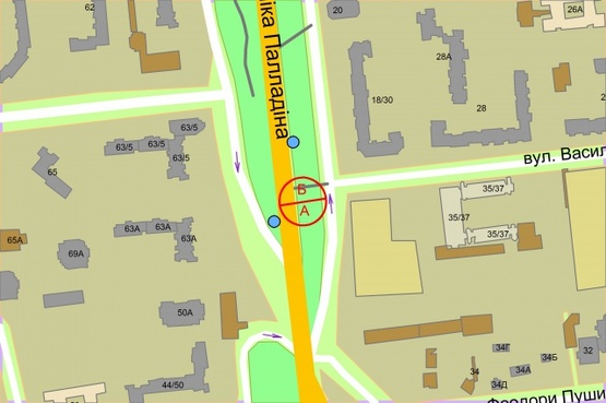 Схема рекламної площини за адресою Палладіна Академіка проспект, 16 / Василя Стуса рух в напрямку проспекту Перемоги, ліворуч