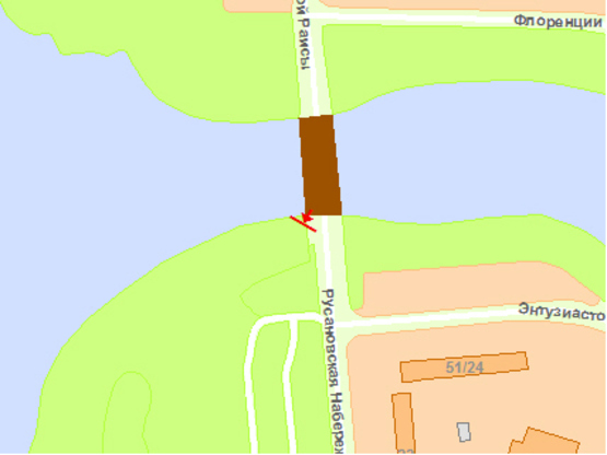 Схема рекламної площини за адресою Раисы Окипнoй ул., мoст через Русанoвский канал