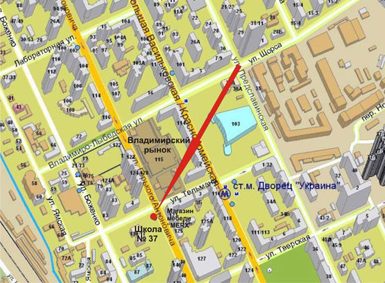 Схема рекламної площини за адресою Ул.Горького (Антоновича)/ул.Тельмана (Владимирский рынок)