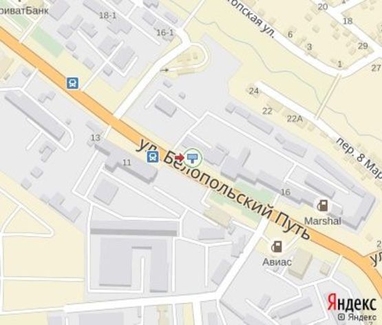 Схема рекламной плоскости по адресу Белопольское шоссе ул. -  ГАИ (магазин "Автозапчасти", АЗС "Маршал", АЗС "Авіас") в центр