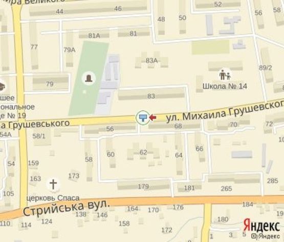 Схема рекламной плоскости по адресу Грушевского ул., 68  В центр (напротив супермаркет "Ромашка")