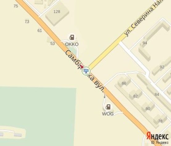 Схема рекламной плоскости по адресу Самборская ул., (напротив Наливайко ул.)в центр (150 м.АЗС "WOG","Приватбанк","Нова Пошта"супермаркет "НашКрай")