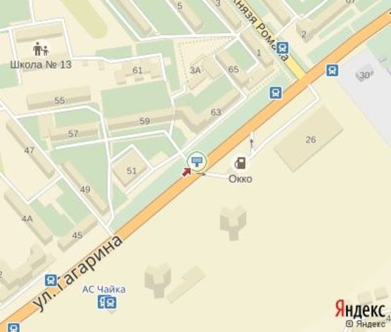 Схема рекламної площини за адресою Гагарина ул., 70 (напротив АЗС "ОККО", перед супермаркетом "Novus")