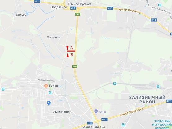 Схема рекламной плоскости по адресу М-10 Западный обход в сторону ТЦ "Три слона" , с. Рудно