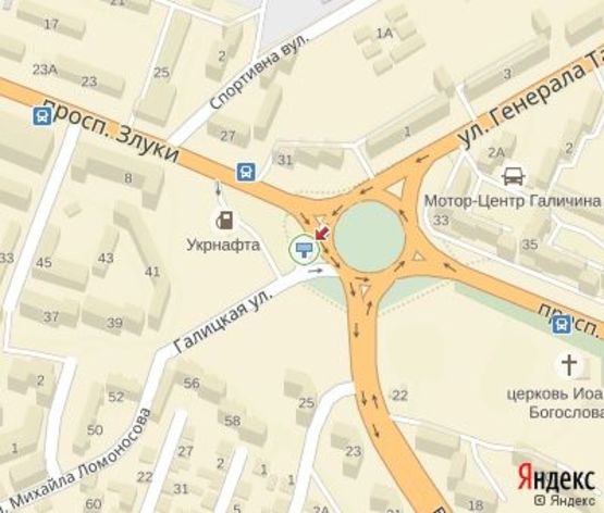 Схема рекламной плоскости по адресу Злуки ул. - Галицкая ул. в центр (напротив АЗС "Укрнафта") чебурашка , правый