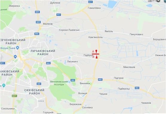 Схема рекламной плоскости по адресу Трасса М-06 Киев-Чоп, с. Пидбирци, правый