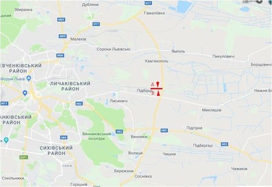 Схема рекламної площини за адресою Трасса М-06 Киев-Чоп, с. Пидбирци, правый