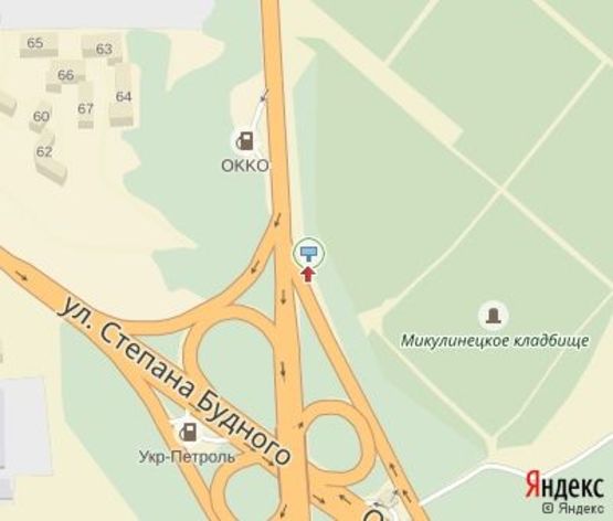 Схема рекламной плоскости по адресу Микулинецкая ул., за транспортной развязкой (200 м. до АЗС "ОККО") чебурашка , правый