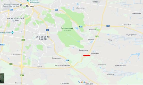 Схема рекламної площини за адресою Трасса М-06 Киев-Чоп, поворот на базу отдыха "Львовская Швейцария",  въезд в город