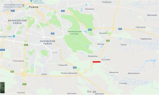 Схема рекламної площини за адресою Трасса М-06 Киев-Чоп, поворот на базу отдыха "Львовская Швейцария", выезд из города