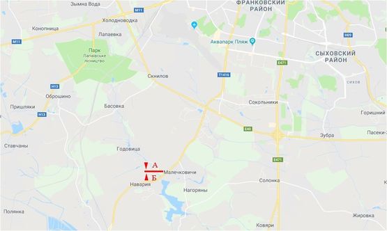 Схема рекламної площини за адресою Автодорога Львов-Пустомиты, с. Навария, в сторону Пустомит