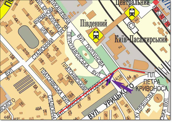 Схема рекламної площини за адресою ул.Лукашевича,/ ул. Островского, Южный  вокзал направление ж/д вокзала