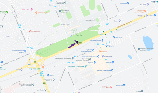 Схема рекламної площини за адресою пр. Броварський,  навпроти вул. Кіото, 19, КНТЕУ, напрямок виїзда із міста