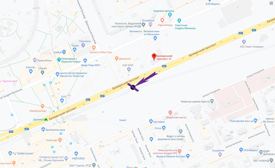 Схема рекламної площини за адресою пр. Броварський, 31/33 навпроти, АЗС КЛО напрямок виїзда в центр