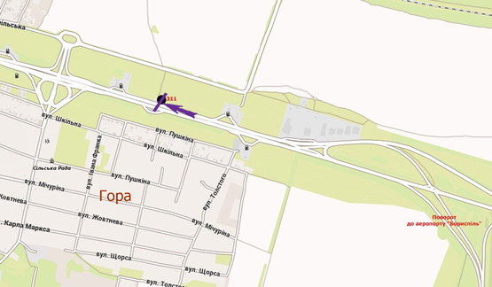 Схема рекламної площини за адресою Бориспільське шосе, 31,6 км,  зупинка Гора, в напрямку а/п Бориспіль