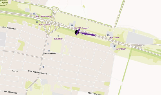 Схема рекламной плоскости по адресу Бориспільське шосе, 31,5 км, 120 м після зупинки Гора   в напрямку Києва