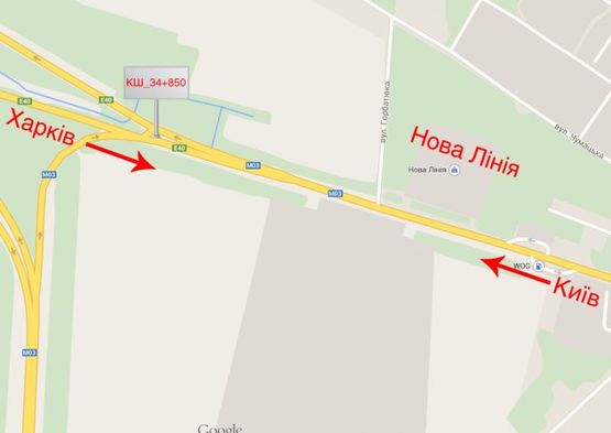 Схема рекламной плоскости по адресу Траса Е40, вул. Київський Шлях, 34км+850м, в'їзд в Бориспіль з м. Київ, на розподільчій полосі.