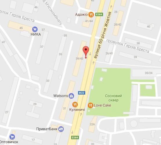 Схема рекламної площини за адресою просп. Свободы (ул. 60-лет. Октября), возле дома № 39/43, перекрёсток с переул. Г.Бреста,  район супермаркета «Мясная лавка» и детской стоматполиклиники