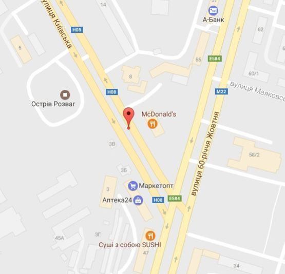 Схема рекламной плоскости по адресу ул. Киевская, 8 (напротив «McDonald's»), перекрёсток с проспектом Свободы(ул. 60-лет. Октября), на разделительной полосе