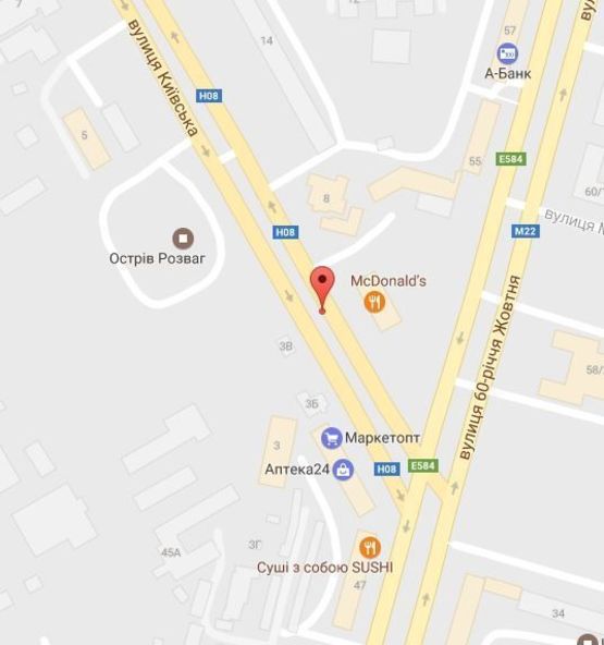 Схема рекламної площини за адресою ул. Киевская, 8 (напротив «McDonald's»), перекрёсток с проспектом Свободы(ул. 60-лет. Октября), на разделительной полосе