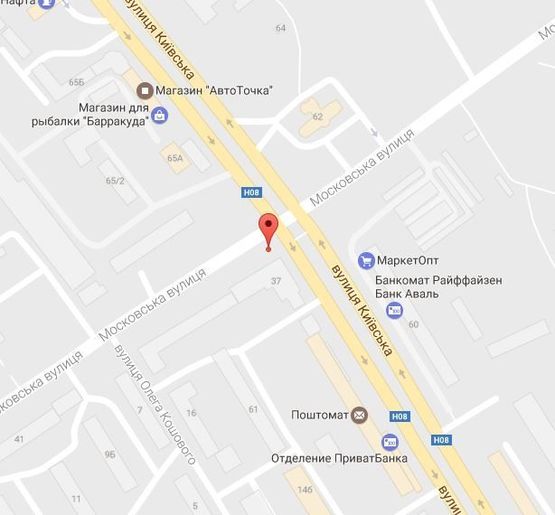 Схема рекламної площини за адресою ул. В.Пугачева (ул. Московская), 37, перекрёсток с ул. Киевской, район супермаркетов «Fozzy» и «Новая Линия»