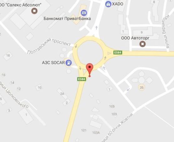 Схема рекламної площини за адресою просп. Л.Украинки (просп. 50-лет. Октября), круг Пивзавода, заезд на мост, перекрёсток с проспектом Свободы (ул. 60-лет. Октября), район гипермаркета «Маркетопт» на Московской, направление в центр