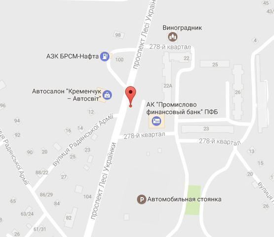 Схема рекламної площини за адресою просп. Л.Украинки (просп. 50-лет. Октября), возле дома № 22-а, район «ПромФинБанка», район автосалона «Ford», «Nissan», напротив супермаркета «Велмарт»