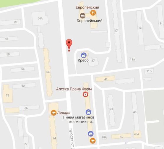 Схема рекламной плоскости по адресу просп. Л.Украинки (просп. 50-лет. Октября), 37-а, возле отеля «Европейский», остановка «Героев Сталинграда», район супермаркетов «АТБ», «Watsons»