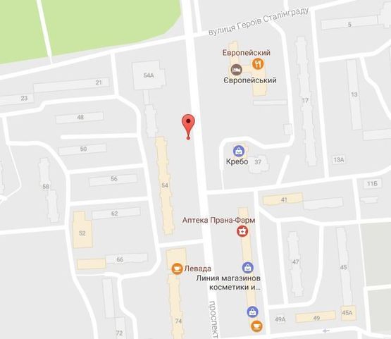 Схема рекламной плоскости по адресу просп. Л.Украинки (просп. 50-лет. Октября), возле дома № 54, возле компании «Центр» и ДК «Нефтехимик», район супермаркетов «АТБ», «Watsons»