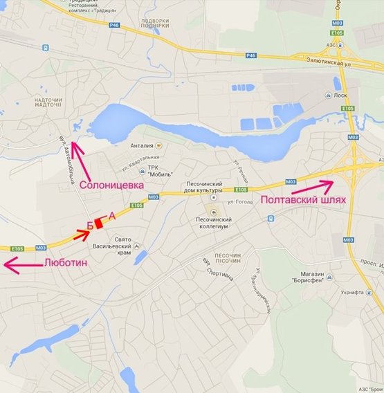 Схема рекламной плоскости по адресу Полтавский шлях-пос.Песочин-ул. Автомобильная (въезд в город)