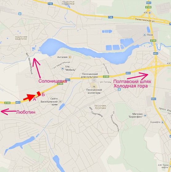 Схема рекламной плоскости по адресу Полтавский шлях-пос.Песочин-ул. Автомобильная возле двух АЗС,в центр