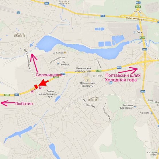 Схема рекламної площини за адресою Полтавский шлях-пос.Песочин-ул. Автомобильная возле двух АЗС,из центра