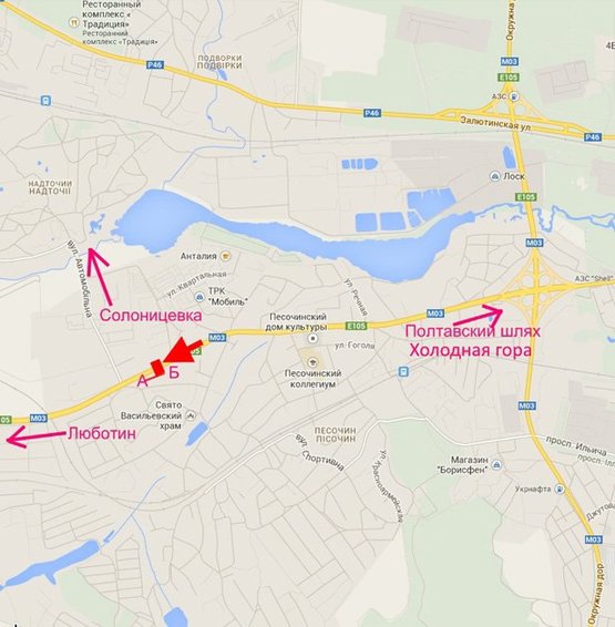 Схема рекламної площини за адресою Полтавский шлях-пос.Песочин-ул. Технологическая,из центра