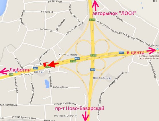 Схема рекламної площини за адресою Полтавский шлях - пер. Киевский-развязка с окружной-флажок№2-из центра