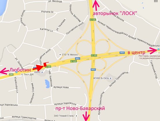 Схема рекламної площини за адресою Полтавский шлях - пер. Киевский-развязка с окружной-флажок№2-в центр