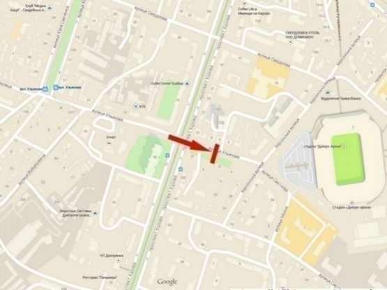 Схема рекламної площини за адресою вул. Ульянова - стадіон "Днепр - Арена"/ул. Ульянова - стадион "Днепр - Арена", ресторан TAXI, рядом пр.О.Поля (пр.Кирова)