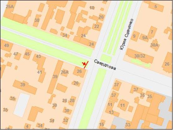 Схема рекламной плоскости по адресу вул.Ю.Савченка, 26/ул.Ю.Савченко, 26, светофор, перекресток, большой поток транспорта