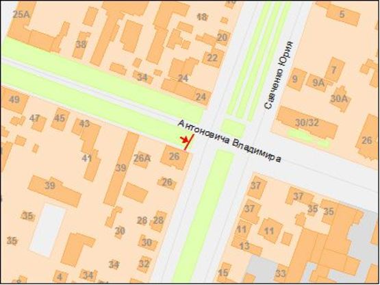 Схема рекламной плоскости по адресу вул.Ю.Савченка, 26/ул.Ю.Савченко, 26, светофор, перекресток, большой поток транспорта