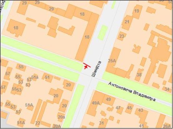 Схема рекламної площини за адресою вул.Шмідта, 18 - вул.Володимира Антоновича/ул.Шмидта, 18 - Свердлова, светофор, рядом рынок Озерка, центр города