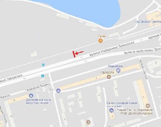 Схема рекламной плоскости по адресу вул. Набережна Заводска, Червоний камінь, до ж/м Парус, Покровський, з центру/ул. Набережная Заводская, Красный камень, к ж/м Парус, Комунар, из центра