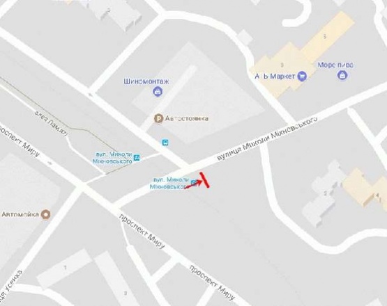 Схема рекламной плоскости по адресу вул. Щербини, біля пр. Миру, (АТБ-маркет, в бік Березинського ринку, до центру/ул. Щербины, возле пр-та Мира, рядом АТБ-маркет, в сторону Березинского рынка, в центр