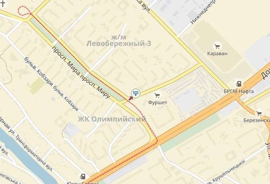 Схема рекламної площини за адресою вул. Щербини, біля пр. Миру, (АТБ-маркет, в бік Березинського ринку, з центру/ул. Щербины, возле пр-та Мира, рядом АТБ-маркет, в сторону Березинского рынка, из центра