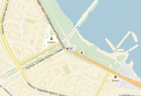 Схема рекламной плоскости по адресу вул. Набережна Перемоги, 130, кінотеатр "Салют", з центру/ул. Набережная Победы, 130, возле кинотетра "Салют", из центра