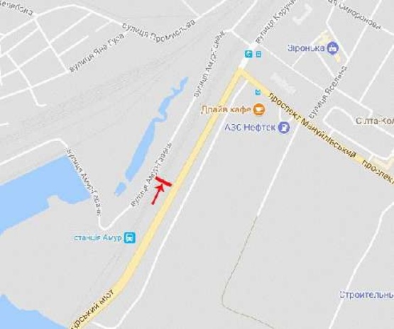 Схема рекламной плоскости по адресу пр. Мануйлівський, в'їзд на Амурський міст, з центру/пр. Воронцова, въезд на Амурский мост, из центра