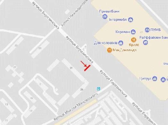 Схема рекламной плоскости по адресу вул. Березинська, 31, навпроти ТЦ "Караван", біля супермаркету "Олди"/ул. Березинская, 31, напротив ТЦ "Караван", возле супермаркета "Олди"