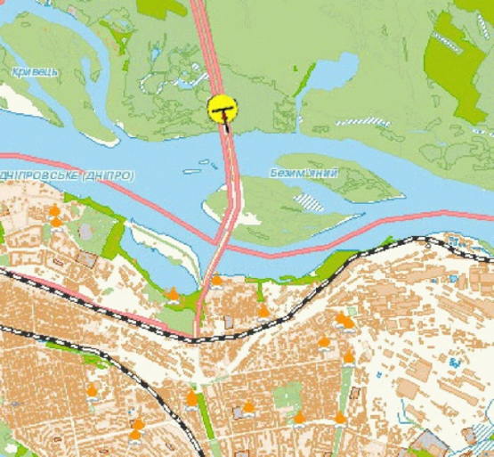 Схема рекламной плоскости по адресу Лівобережний мостовий перехід, в бік Лівого берега, розподілювач, з центру/Левобережный мостовой переход, в сторону Левого берега, на разделителе, из центра