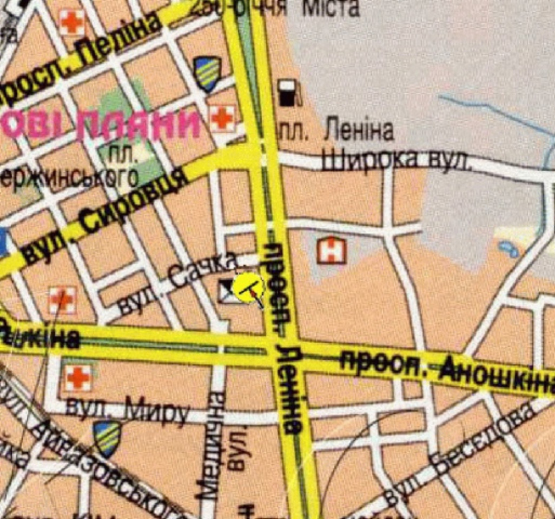 Схема рекламной плоскости по адресу Пр-т Перемоги, 57, біля універмагу "Радуга", кафе "Риф"/пр-т Свободы, 57, возле универмага Радуга, кафе Риф, в центр