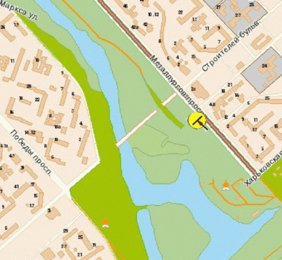 Схема рекламной плоскости по адресу пр. Металургів, біля бульвару Будівельників з центру/пр. Металлургов, возле бульв.Строителей, из центра